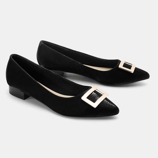Giày Búp Bê Mũi Nhọn Gắn Khóa Trang Trí Juno Màu Đen BB03064 (Store 1001)