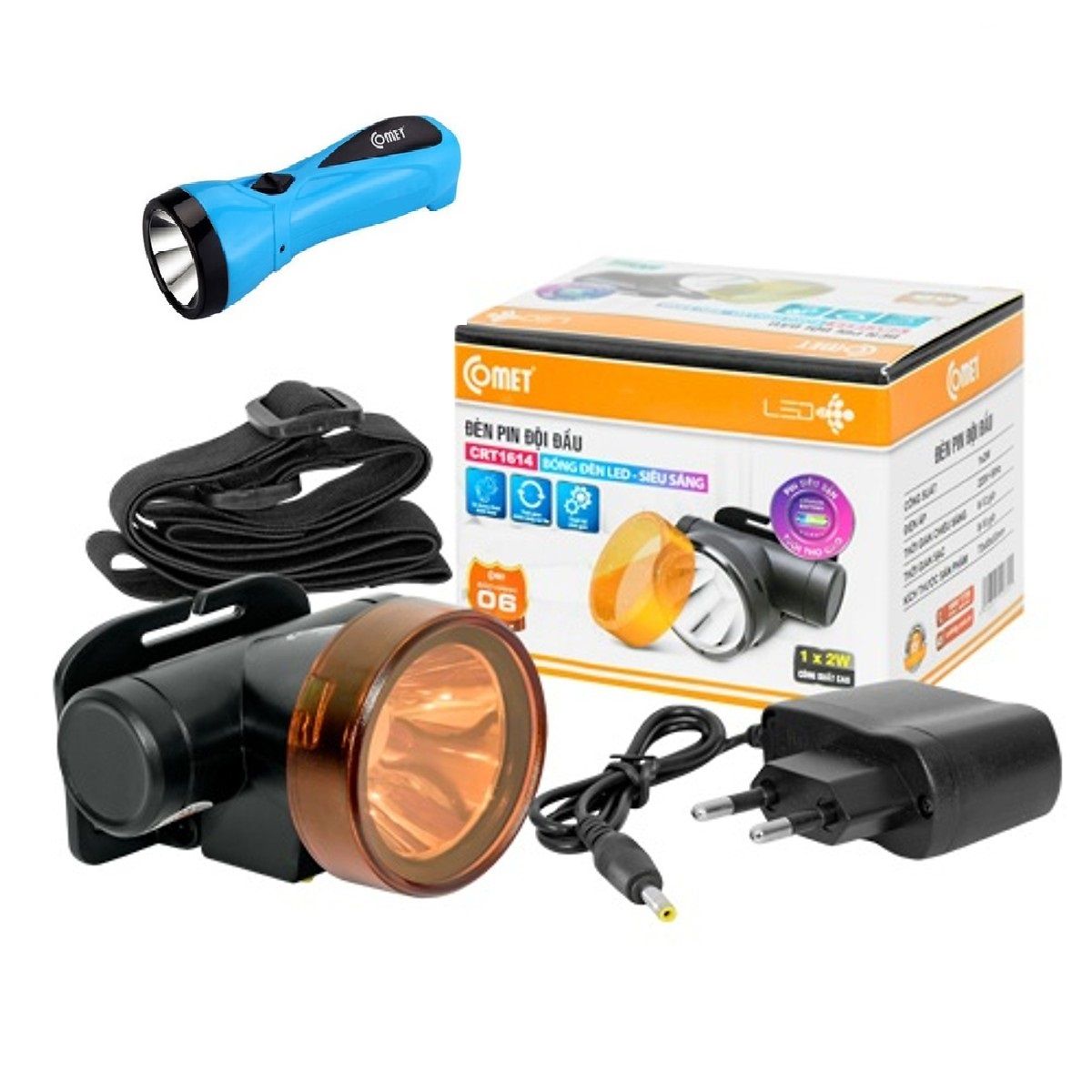 Combo Đèn Đội Đầu CRT1614 và Đèn Pin Sạc Cầm Tay CRT345