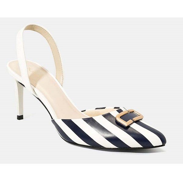 Giày Cao Gót Slingback Mũi Nhọn Juno Màu Sọc Xanh CG07094 (Store 1001)