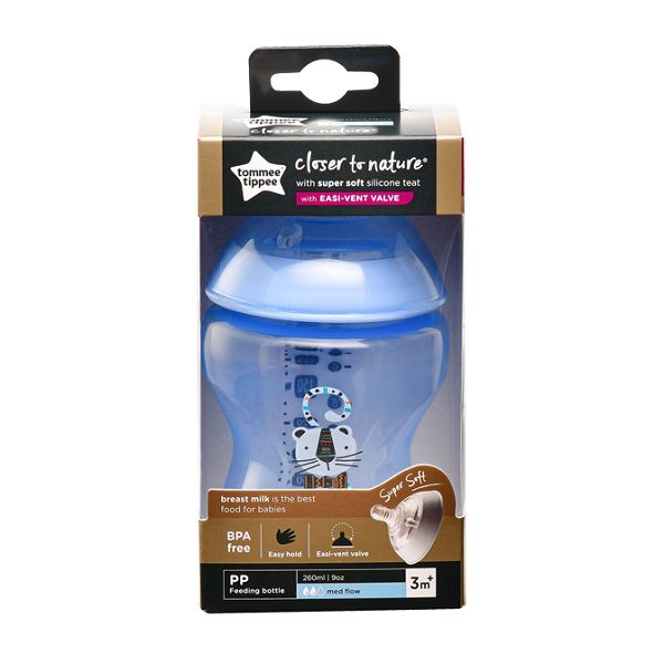 Bình Sữa Ty Siêu Mềm Tự Nhiên Tommee Tippee Closer To Nature 260ml, Núm Ty Đi Kèm 3-6 tháng - Xanh Dương