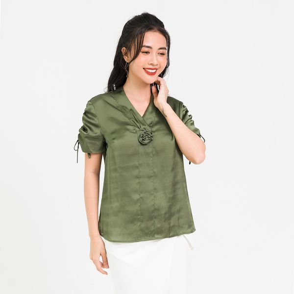 Áo Cổ Tim Nhún, Đính Hoa Lamer Màu Xanh Rêu 02