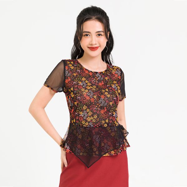 Áo Peplum Ren Hoa Lamer Màu Đen Họa Tiết Đỏ