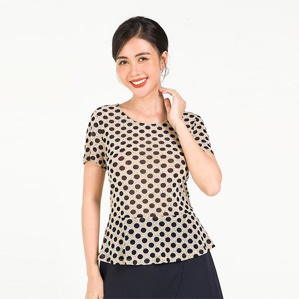 Áo Peplum Ren Lưới, Cổ Tròn Lamer Họa Tiết