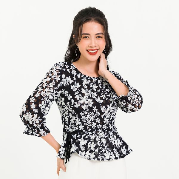 Áo Peplum Ve Lệch Lamer Màu Đen Họa Tiết Trắng