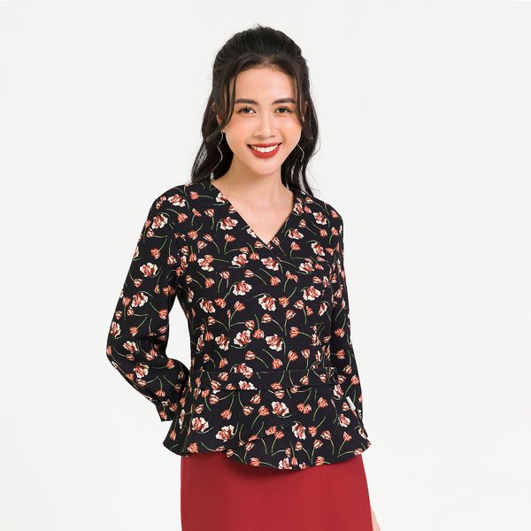 Áo Peplum Đai Eo Tay Lỡ Lamer Màu Đen Họa Tiết Đỏ