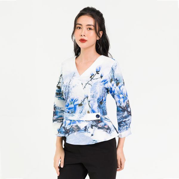 Áo Peplum Đai Eo Tay Lỡ Lamer Màu Trắng Họa Tiết Xanh Dương