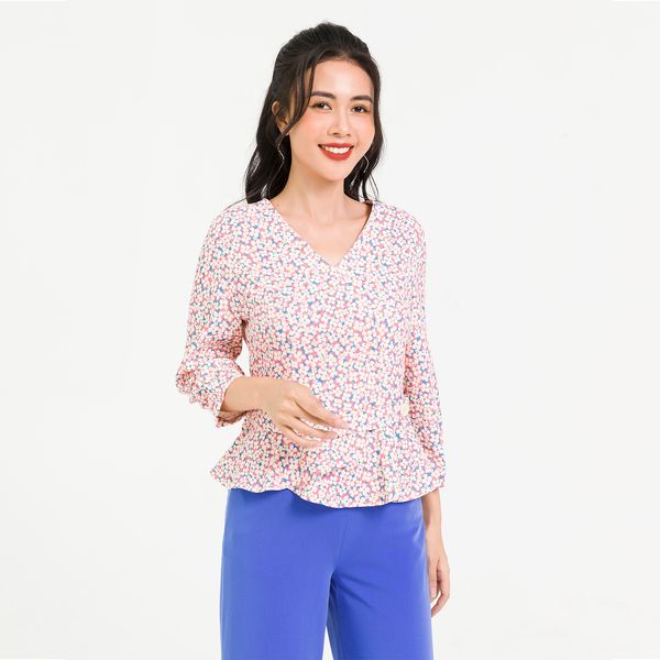 Áo Peplum Đai Eo Tay Lỡ Lamer Màu Hồng Họa Tiết Xanh Dương