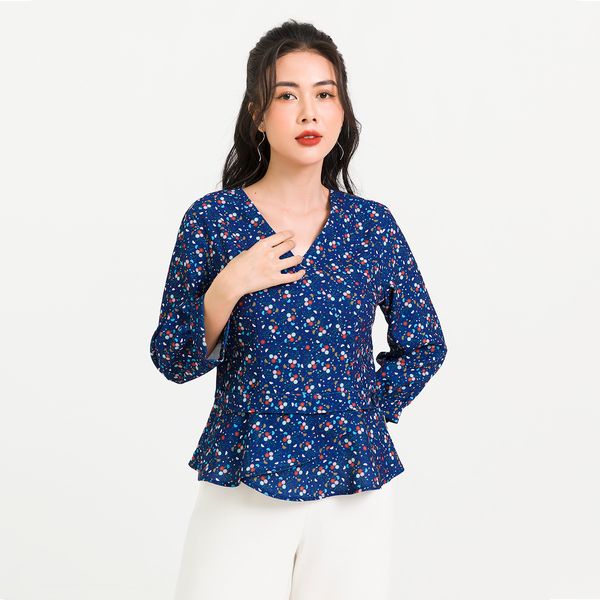 Áo Peplum Đai Eo Tay Lỡ Lamer Màu Xanh Dương Họa Tiết Đỏ
