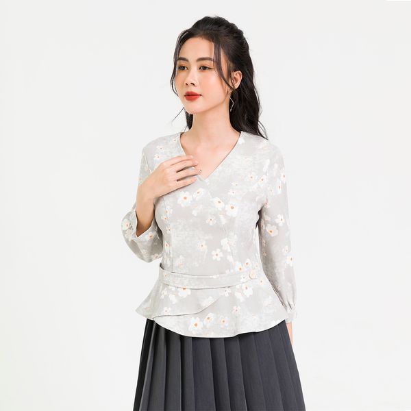 Áo Peplum Đai Eo Tay Lỡ Lamer Màu Be Họa Tiết Trắng