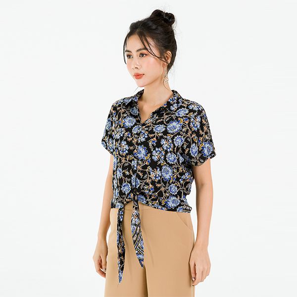 Áo Sơ Mi Cổ Đức, Buộc Vạt Màu Đen Họa Tiết Xanh Dương Lamer L61H20H035-F1433