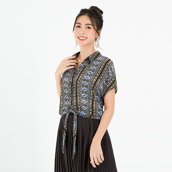Áo Sơ Mi Cổ Đức, Buộc Vạt Màu Đen Họa Tiết Xanh Than Lamer L61H20H035-F3314