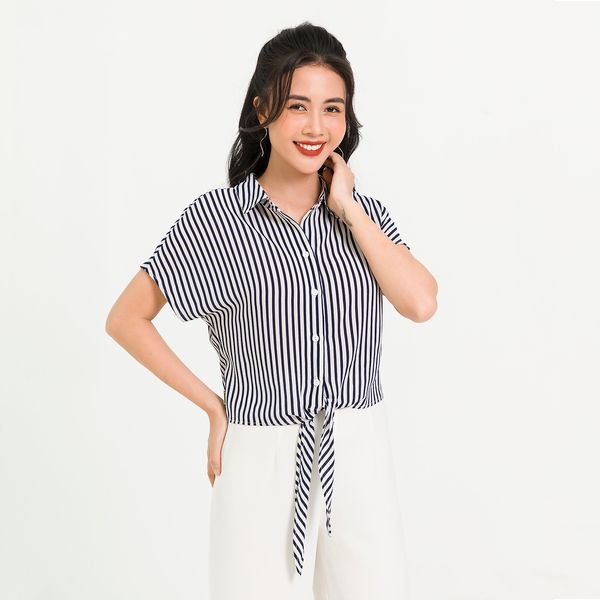 Áo Sơ Mi Cổ Đức, Buộc Vạt Lamer Màu Trắng Kẻ Sọc Xanh Than