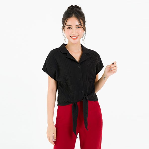 Áo Sơ Mi Cổ 2 Ve Buộc Vạt Màu Đen Lamer L61H20H039-S1400