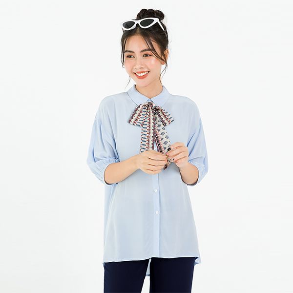 Áo Sơ Mi Cổ Nơ Phối Màu Xanh Dương Lamer L61H20H053-S3300
