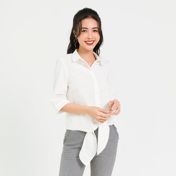 Áo Sơ Mi Cổ Đức, Buộc Eo Lamer Màu Trắng
