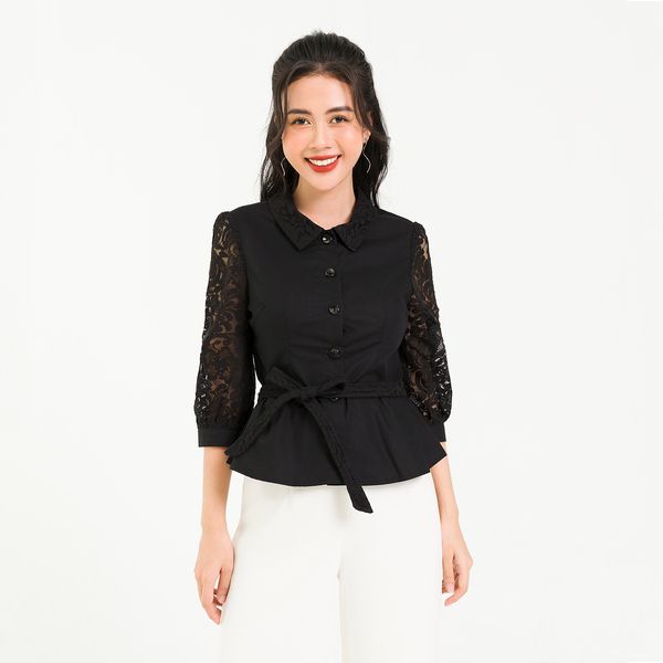 Áo Nơ Eo, Tay Lỡ Ren Lamer Màu Đen