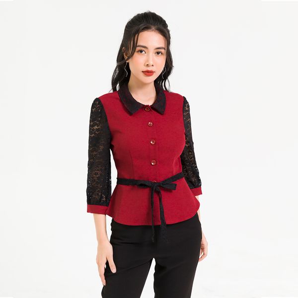 Áo Nơ Eo, Tay Lỡ Ren Lamer Màu Đỏ