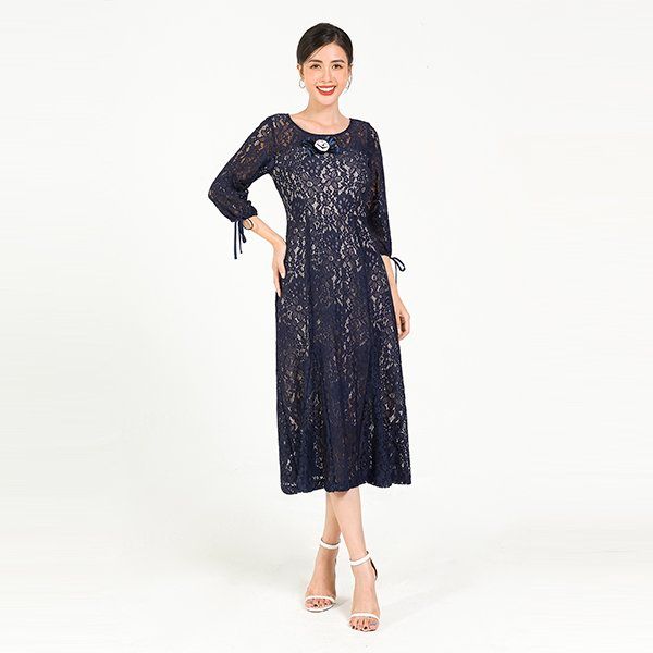 Đầm Ren Xòe, Tay Lỡ Lamer Màu Xanh Than
