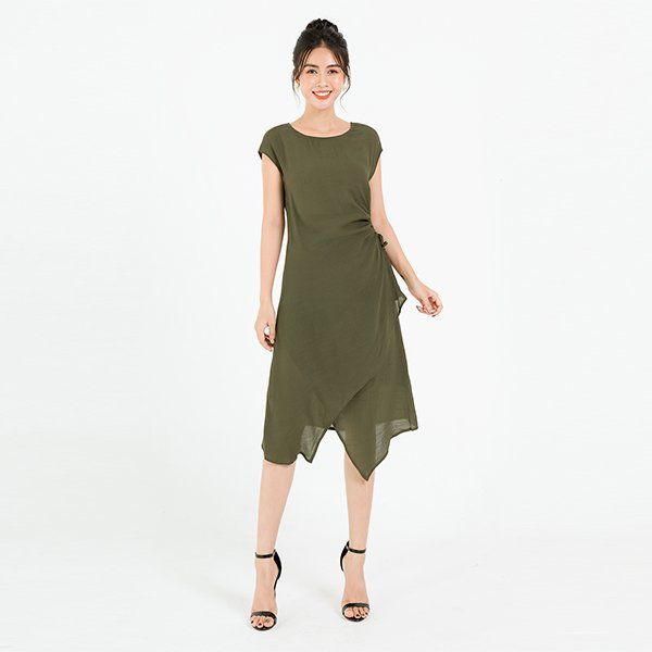 Đầm Rút Dây Eo, Vai Chờm Màu Xanh Rêu Lamer L63R20H087-S4400