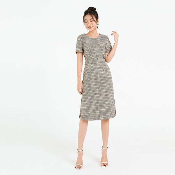 Đầm Đai Eo, Tay Lơ Vê Màu Be Kẻ Caro Đen Lamer L63T20H002-C1427