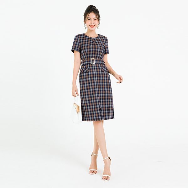 Đầm Đai Eo, Tay Lơ Vê Màu Xanh Tím Than Kẻ Caro Trắng Lamer L63T20H002-C1532