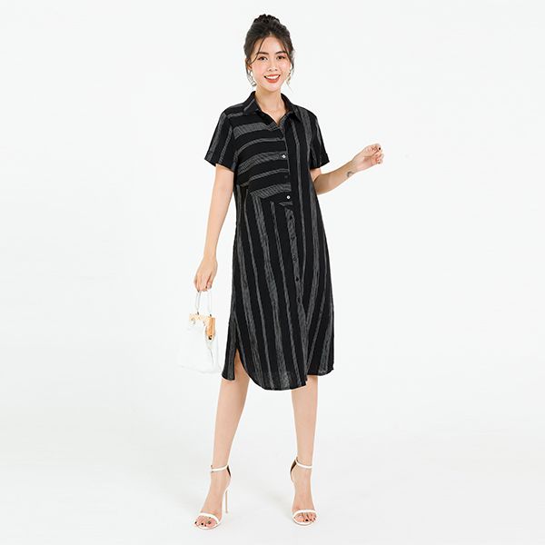 Đầm Suông Tay Lơ Vê Màu Đen Kẻ Sọc Trắng Lamer L63T20H015-P1415