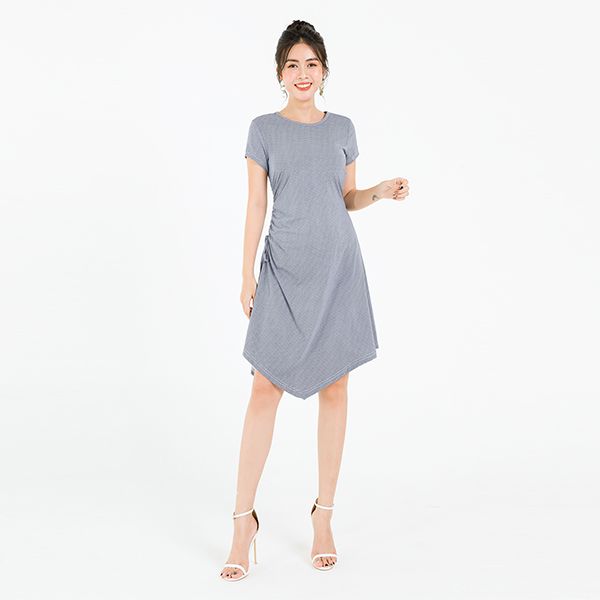 Đầm Rút Dây Nhún Sườn Màu Xanh Dương Họa Tiết Trắng Lamer L63T20H078-D4415
