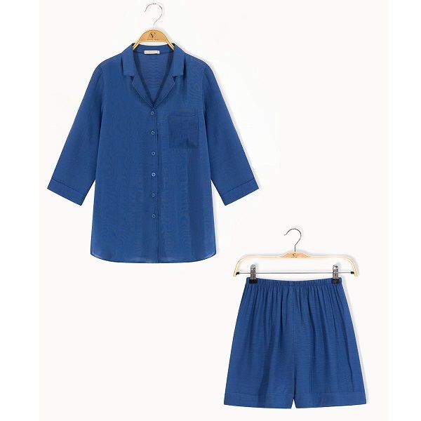 Bộ Ngủ Áo Dài, Quần Short Màu Xanh Dương Vien Tran O68S20Q002-S3205