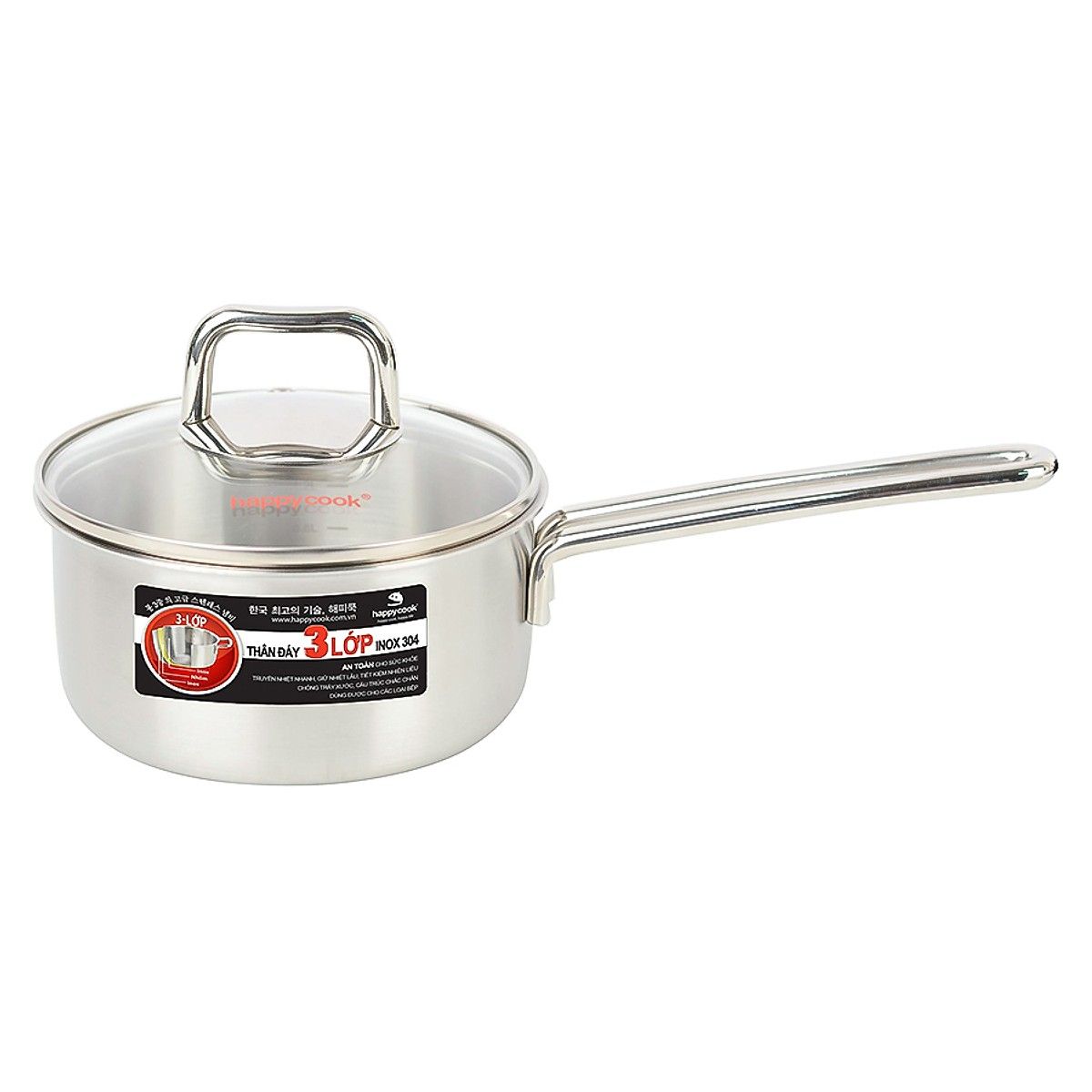 Quánh Inox 3 Lớp Cao Cấp Happy Cook Alvar Nắp Kiếng 16cm