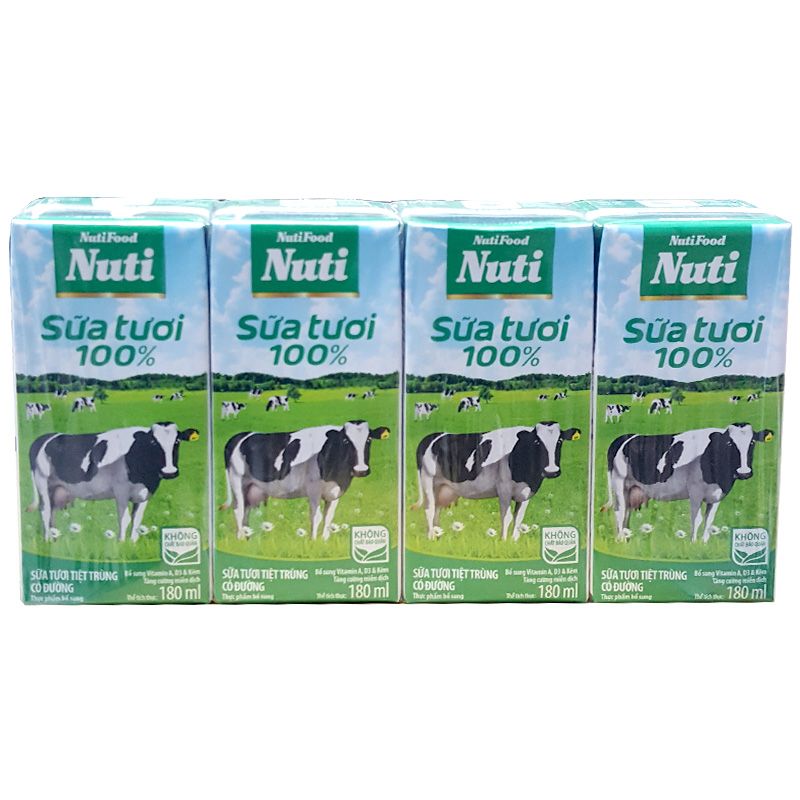 Sữa tươi tiệt trùng có đường Nutifood 180ml lốc 4 hộp