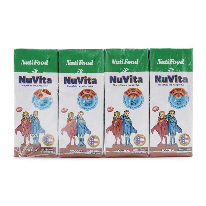 Sữa Tươi Tiệt Trùng Nuvita Hương Socola - Lốc 4 Hộp x 180ml
