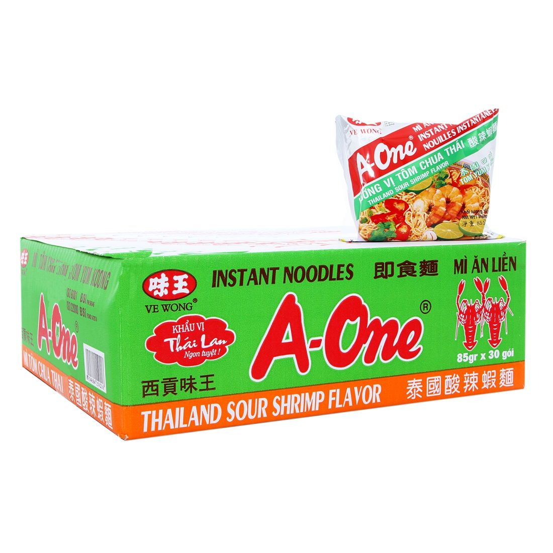Thùng 30 Mì A-One Hương Vị Tôm Chua Thái - Gói 85g