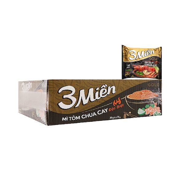 Thùng 30 Mì 3 Miền Gold Tôm Chua Chay Đặc biệt 75g