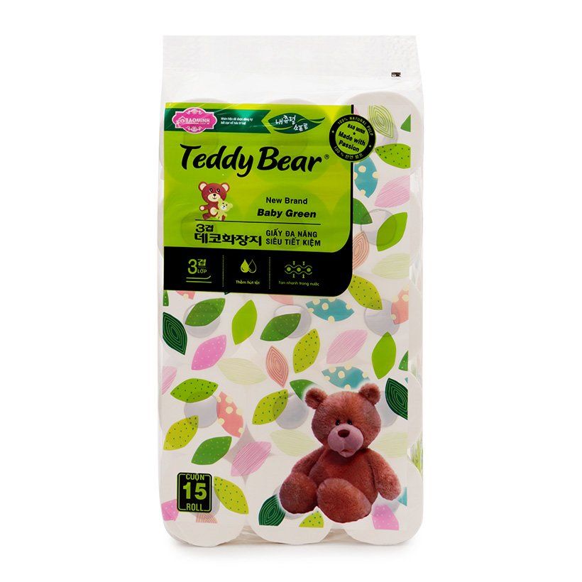 Giấy Vệ Sinh Cao Cấp Teddy Bear Baby Green 15 Cuộn Có Lõi