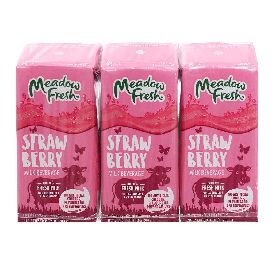 Sữa Tươi Tiệt Trùng Meadow Fresh 200ml - Hương Dâu (Lốc 3 Hộp)