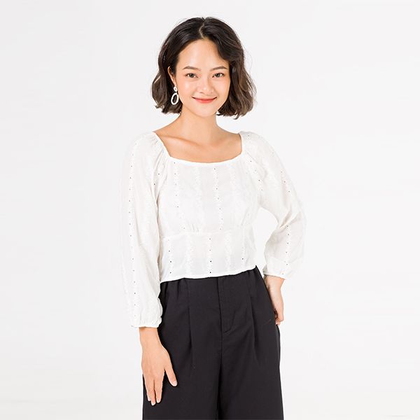 Áo Croptop Cổ Vuông, Tay Chun Màu Trắng Vien Tran V61B20H045-F1515