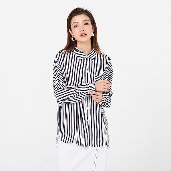 Áo Sơ Mi Vay Chờm Vien Tran Màu Trắng Kẻ Sọc Xanh Than