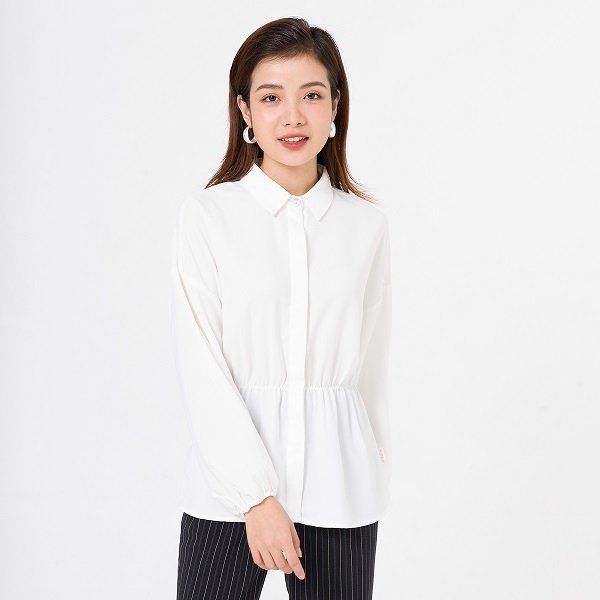 Áo Sơ Mi Chun Eo, Dài Tay Vien Tran Màu Trắng