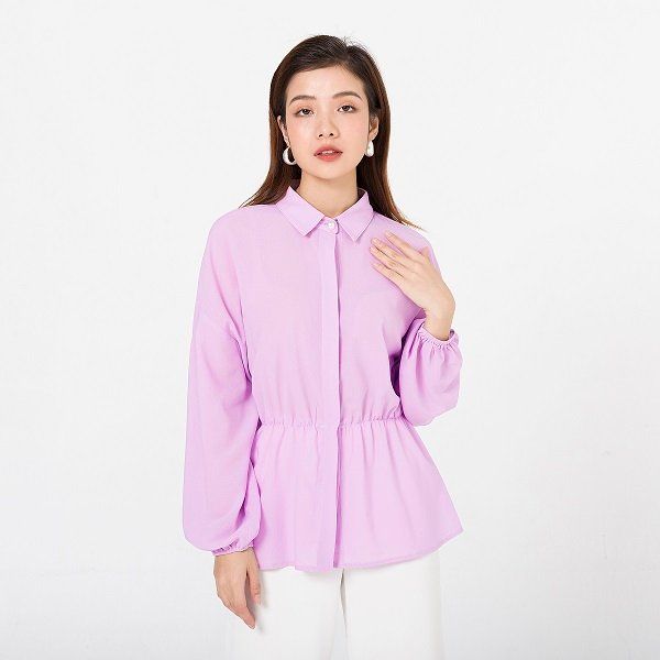 Áo Sơ Mi Chun Eo, Dài Tay Vien Tran Màu Tím