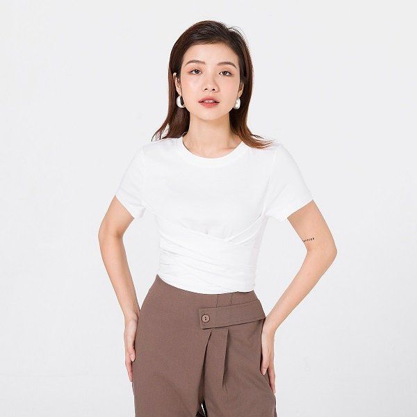 Áo Croptop Vạt Buộc Kẹp Sườn Vien Tran Màu Trắng