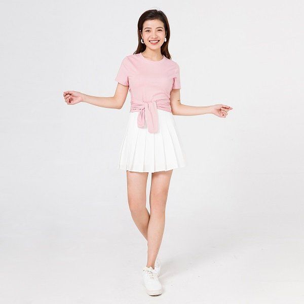 Áo Croptop Vạt Buộc Kẹp Sườn Vien Tran Màu Hồng