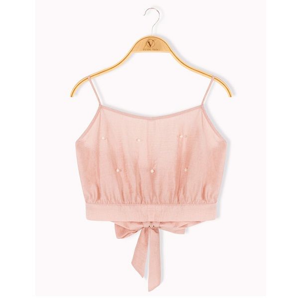 Áo Croptop 2 Dây Đính Trai Vien Tran Màu Be