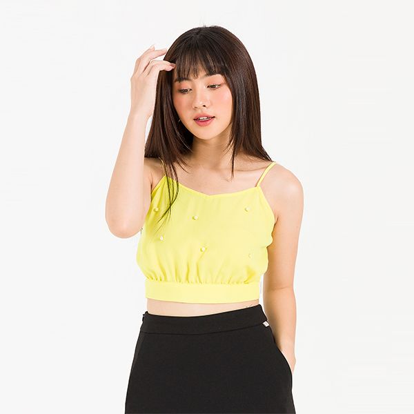 Áo Croptop 2 Dây Đính Trai Vien Tran Màu Vàng