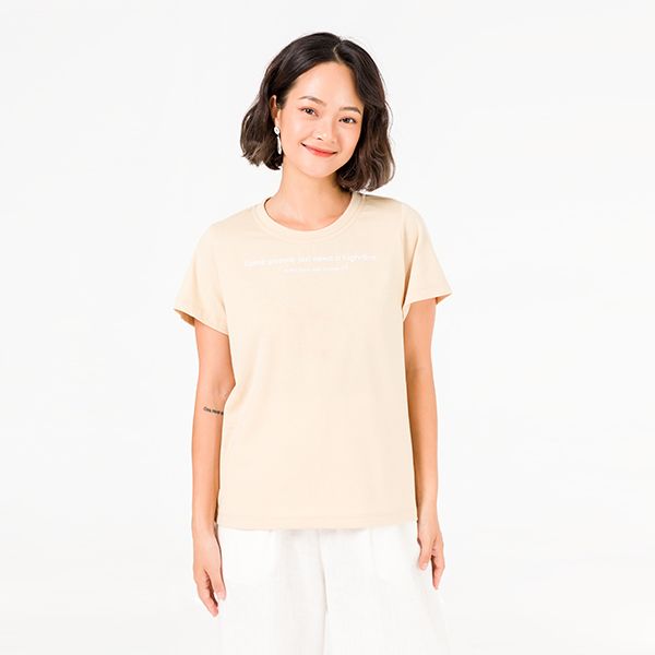 Áo Cotton Cổ Tròn, In Chữ Màu Be Vien Tran V61S20H022-S1800