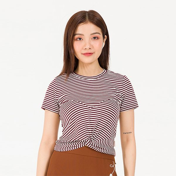 Áo Thun Cotton Can Xoắn Kẻ Đỏ Nâu Vien Tran V61S20H031-P1541
