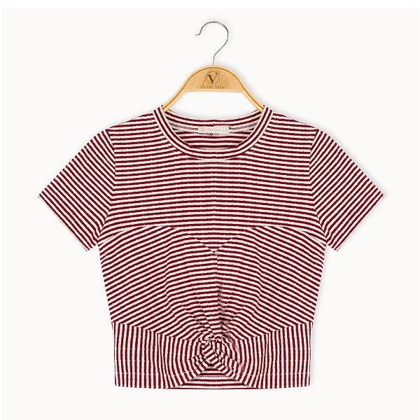 Áo Thun Cotton Can Xoắn Vien Tran Màu Đỏ Kẻ Sọc Trắng