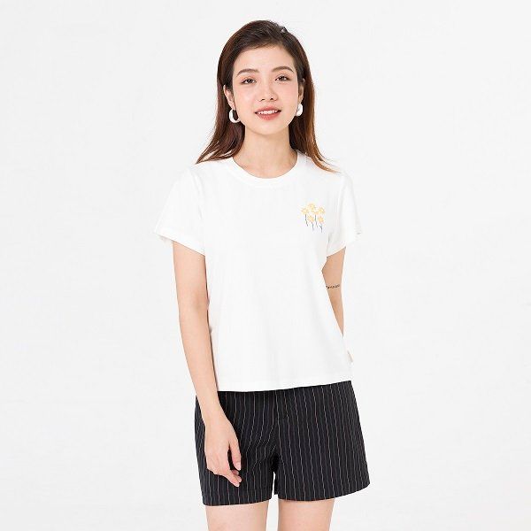 Áo Cotton Cổ Tròn In Hoa Vien Tran Màu Trắng