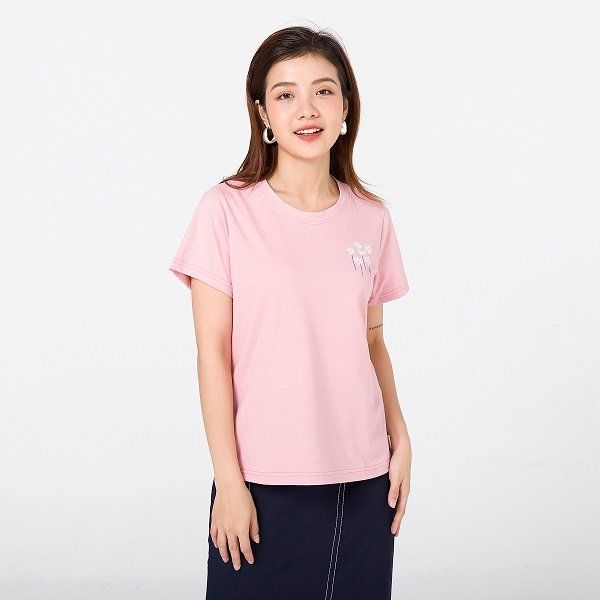 Áo Cotton Cổ Tròn In Hoa Vien Tran Màu Hồng