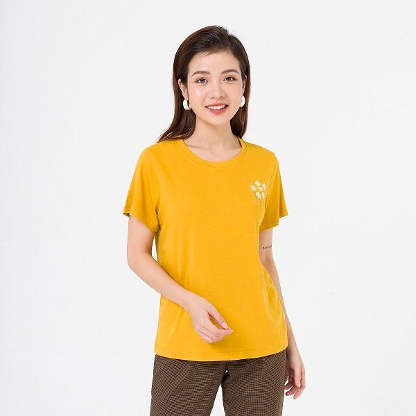 Áo Cotton Cổ Tròn In Hoa Vien Tran Màu Vàng