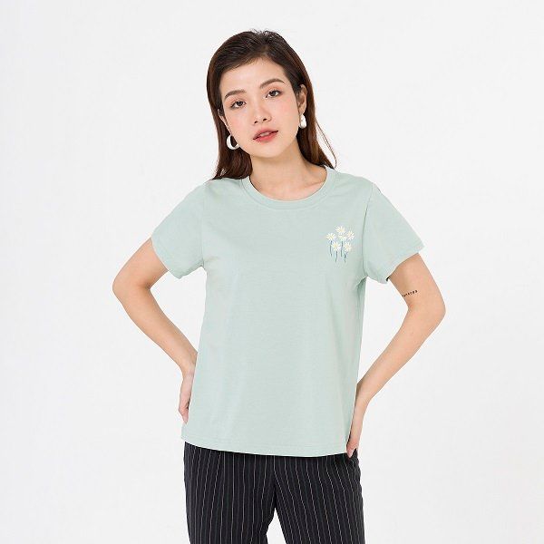 Áo Cotton Cổ Tròn In Hoa Vien Tran Màu Xanh Mint 05
